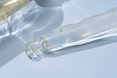 Cosmetic pipette with oil on blue background close-up. Stylish concept of organic essences, beauty...