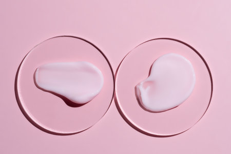 pink cosmetic face cream or body lotion moisturizer strokes on pink background in petri dish. Hygiene, skincare product with creamy texture. Beauty face creme smear swatch on color backgroundの写真素材