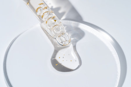 Cosmetic pipette with 24k gold oil on white background close-up. Stylish concept of organic essences, beauty and health products. Modern apothecary. Close upの写真素材