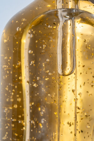 gold skin care serum in a glass bottle close up. Beauty treatment product texture macro.の写真素材