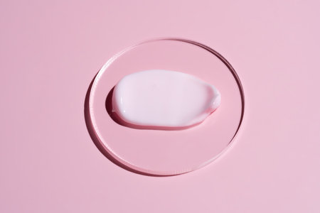 pink cosmetic face cream or body lotion moisturizer strokes on pastel pink background in petri dish. Hygiene, skincare product with creamy texture. Beauty face creme smear swatch on color backgroundの写真素材