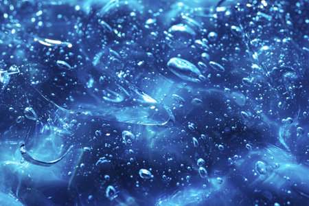 Close-up shot of blue liquid cosmetic gel or serum makeup swatches with a glossy, shiny texture on a smooth blue backgroundの写真素材