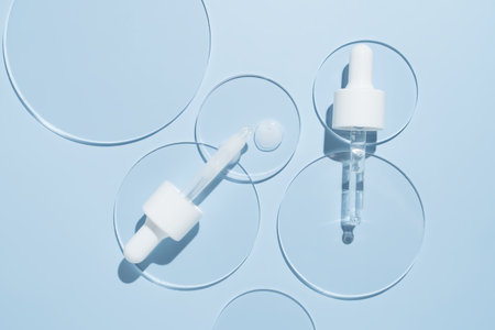 Cosmetic pipette with serum in petri dish on blue background. Face oil pipette dropper. Beauty...