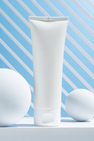 White cosmetic tube mockup. Plastic packaging for cosmetology cream product on a white podium on...