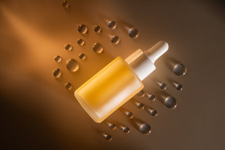 glass dropper bottle with beauty face oil serum on beige background with shadows and serum drops. anti aging serum with natural ingredients.の写真素材