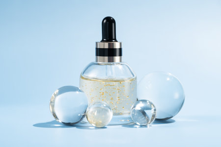 Mockup of glass dropper bottle with 24k gold face serum on blue background with glass balls. The concept of beauty cosmetics, natural products for moisturizing and restoring the skin.の写真素材