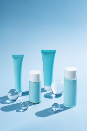 Mockup of blue plastic bottles and tubes with face serum or cream, or toner on blue background with glass balls. The concept of beauty cosmetics, natural products for moisturizing and restoring skin.の写真素材