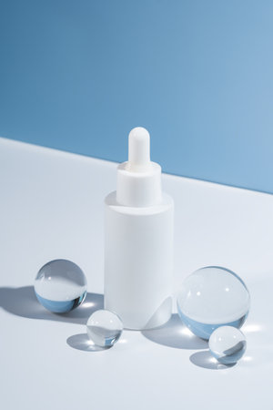 Mockup of white glass dropper bottle with face serum or essential oil on blue background with glass balls. The concept of beauty cosmetics, natural products for moisturizing and restoring the skin.の写真素材