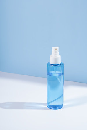 Hydrating facial mist bottle on calming blue background, capturing spa-like freshness. Ideal for self-care content and organic skincare marketingの写真素材