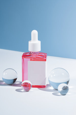 Square serum bottle with essential oils displayed on serene blue among glass balls. A natural skincare concept for moisturizing, rejuvenation, and clean beauty campaignsの写真素材