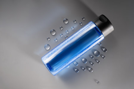 Skincare toner in blue bottle with water drops on gray background minimalist beauty product presentationの写真素材