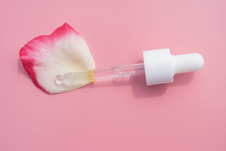 glass cosmetic dropper pipette on a pink background with rose flower petals in bloom. Natural cosmetics concept, natural essential oil and skin care products.の写真素材