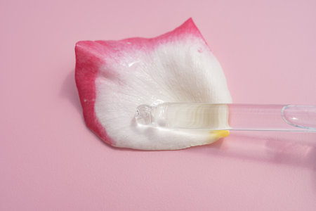 Cosmetic pipette. Trendy pink background. Concept of organic and beauty cosmetics.の写真素材