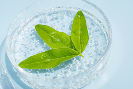 petri dish with cosmetics gel and green leaves. Top view, liquid cosmetic. Herbs natural...