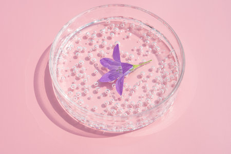 Transparent cosmetic face or body gel moisturizer drops on pink background in petri dish. Hygiene,...