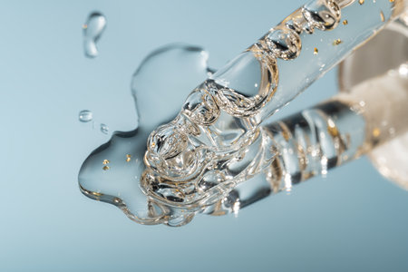 Cosmetic pipette with oil on blue background close-up. Stylish concept of organic essences, beauty...