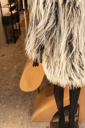 Mannequin model wearing a artificial fur coat, showcased in a retail store. The elegant display highlights fashion and warmth, promoting winter clothing or accessories.の写真素材