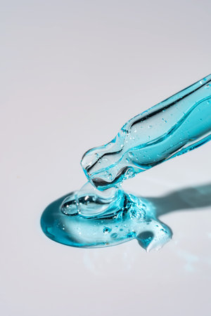 Cosmetic pipette with blue liquid close up. Hyaluronic serum