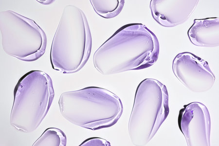 Pure purple transparent cosmetic gel smear on white background, skin care glycerin texture. top view