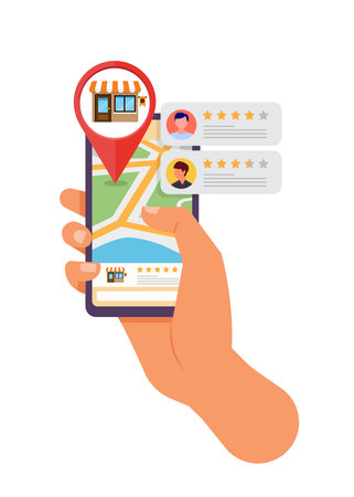 Holding a smartphone with searching for locations and customer reviews. Business listing on search engine, vector stock illustrationのイラスト素材