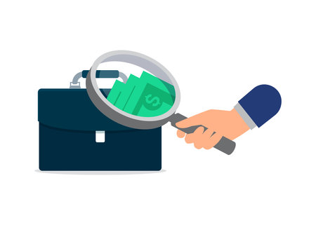 Searching for money in a briefcase using a magnifying glass stock illustrationのイラスト素材