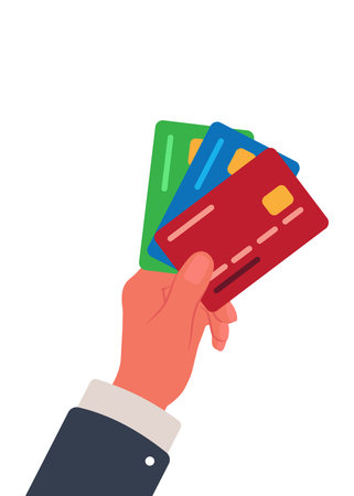 Businessman hand holding credit cards in flat design. Online payment vector illustration. stock illustrationのイラスト素材