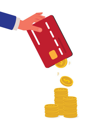 Gold coins and bank card. Gold coins are falling into bank card. Businessman hand holding bank cards, coins, wallet and bank notes. Monetary conceptual collection. stock illustrationのイラスト素材