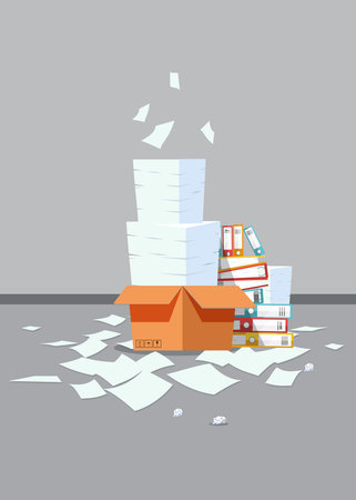 Pile of paper documents and file folders. Carton boxes. Bureaucracy, paperwork, office. Stock illustrationのイラスト素材