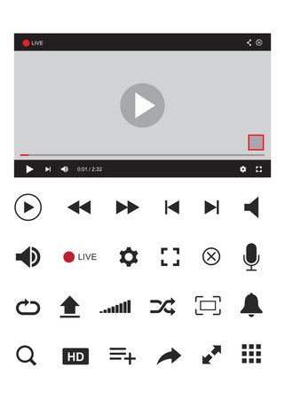 Video and audio player interface template with set buttons. Vector flat illustrations. Play or stop video. Design player for websites and mobile apps isolated on white background.のイラスト素材