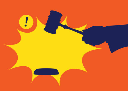 Hammer of justice with human hand, representation of justice system, stock illustration.のイラスト素材