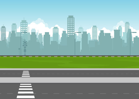 City highway with pedestrian crossing and railway tracks. Urban city panorama skyscrapers skyline cityscape background flat horizontal banner stock illustrationのイラスト素材