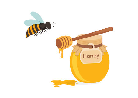 Honey in glass jar with honey dipper and bee. Bee, honeycomb, wooden honey dipper, glass jar full of honey. Organic and natural product. stock illustrationのイラスト素材