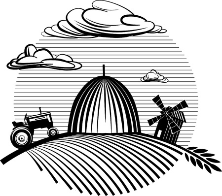 Agriculture landscape with haystack Vector illustration in the engraving manner. Picture can be used for design labels and package. のイラスト素材