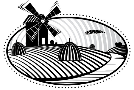 Agriculture landscape with mill Vector illustration in the engraving manner. Picture can be used for design labels and package. のイラスト素材