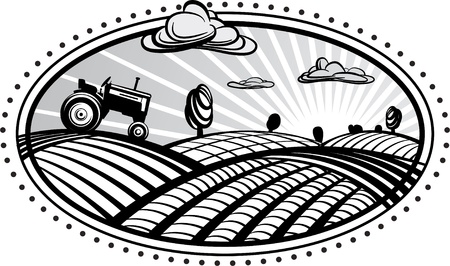 Agriculture landscape  with tractor Vector illustration in the engraving manner. Picture can be used for design labels and package. のイラスト素材