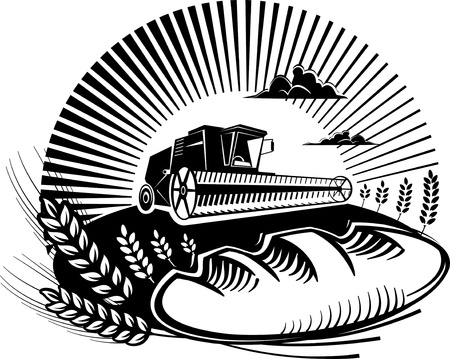 Bread with wheat and combine harvester in a field. Vector illustration in the engraving manner. Picture can be used for design labels and package. のイラスト素材