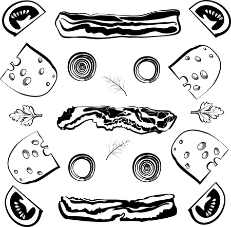 Ingredients for pizza with bacon. Vector illustration in the engraving style, can be used for design labels and packageのイラスト素材