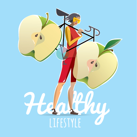 Woman with a bicycle, apples instead of wheels. Poster motivation healthy lifestyleの写真素材