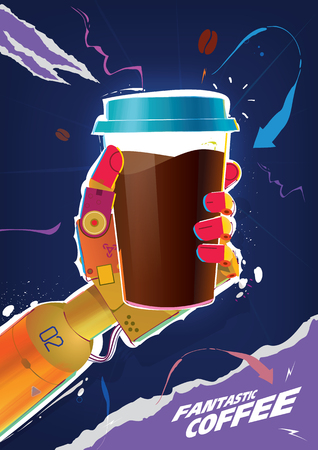 Fantastic coffee. Robot's hand holding coffee cup. Banner templateのイラスト素材