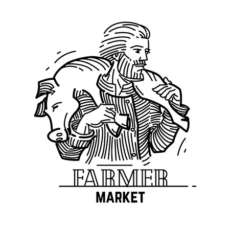 linear illustration. butcher keeps pork on his shoulderのイラスト素材