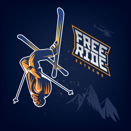 Free ride. Stunt headfirst of skier on the dark backgroundのイラスト素材