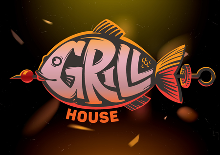 Fish lettering. Grill house emblem on dark backgroundの写真素材