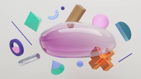 Scene of bubble and solid primitive geometric shapes. Flying shapes on white background. 3d Illustrationの写真素材
