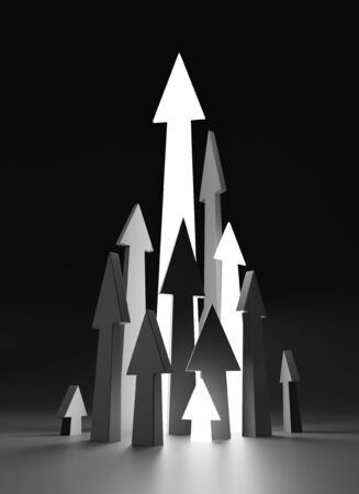 Arrows up on black backdrop. 3D illustration on the topic investment and teamworkの写真素材