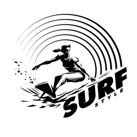 Surfer and Wave. Womens surfing emblem. Black and white round composition on the topic beachの写真素材