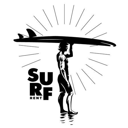 Surfing rental logo. Silhouette man with a board on beach against the sun. Black and white vector compositionの写真素材