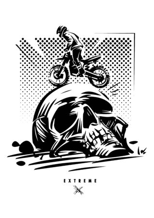 Off-Road extreme adventure. Brave motorcycle racer. Monochrome vector illustrationの写真素材