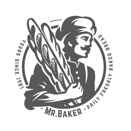 Vintage illustration of a baker with french baguette. Round monochrome vector insignia. Daily freshly baked breadの写真素材