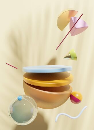 Summer scene of flying primitive geometric shapes on background wall with shadow. Place for your product or package. 3d Illustrationの写真素材