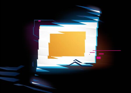 Glowing rectangle frame on black background with refraction effect. Distorted form. Vector shape for text or imageの写真素材